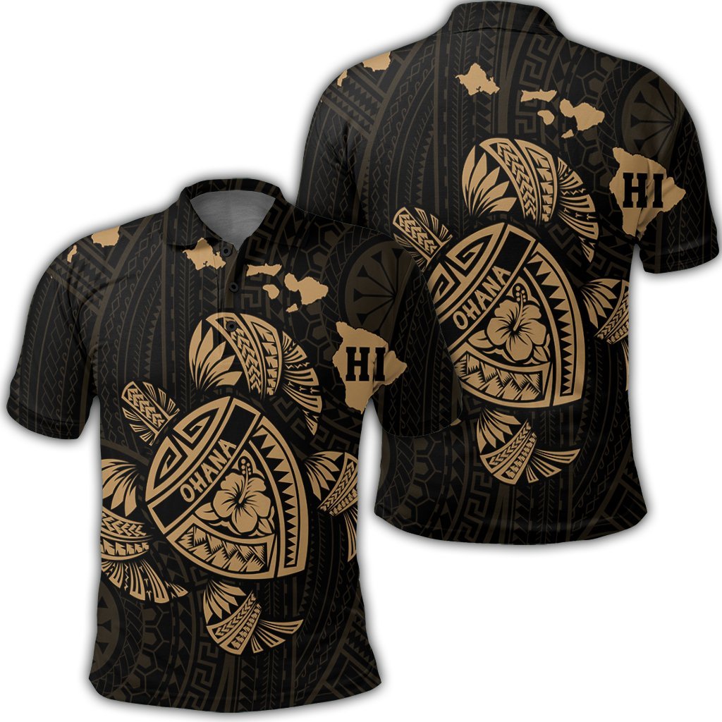 Hawaiian Map Turtle Ohana Hibicus Polynesian Polo Shirt Gold Unisex Black - Polynesian Pride