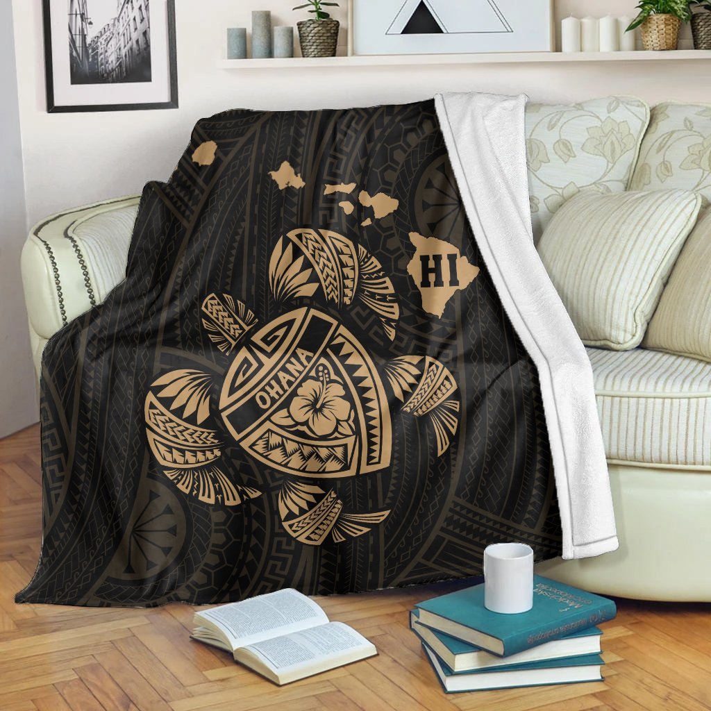 Hawaiian Map Turtle Ohana Hibicus Polynesian Premium Blankets - Gold - AH White - Polynesian Pride