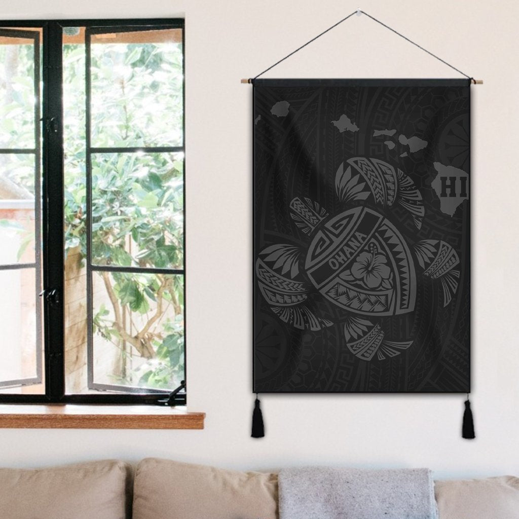 Hawaiian Map Turtle Ohana Hibicus Polynesian Hanging Poster - Gray - AH - Polynesian Pride