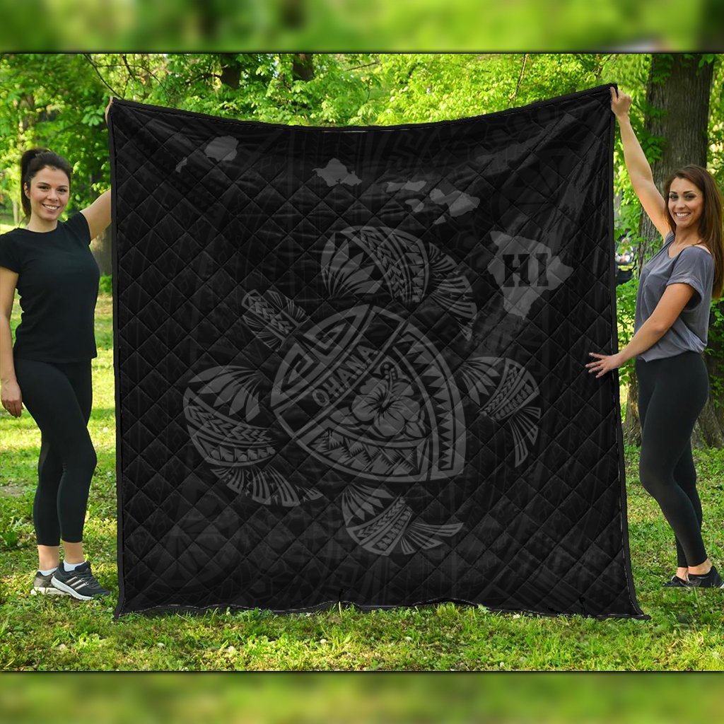 Hawaiian Map Turtle Ohana Hibicus Polynesian Premium Quilts - Gray - AH Black - Polynesian Pride