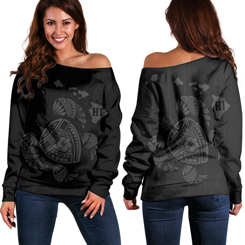 Hawaiian Map Turtle Ohana Hibicus Polynesian Women's Off Shoulder Sweater - Gray - AH Black - Polynesian Pride