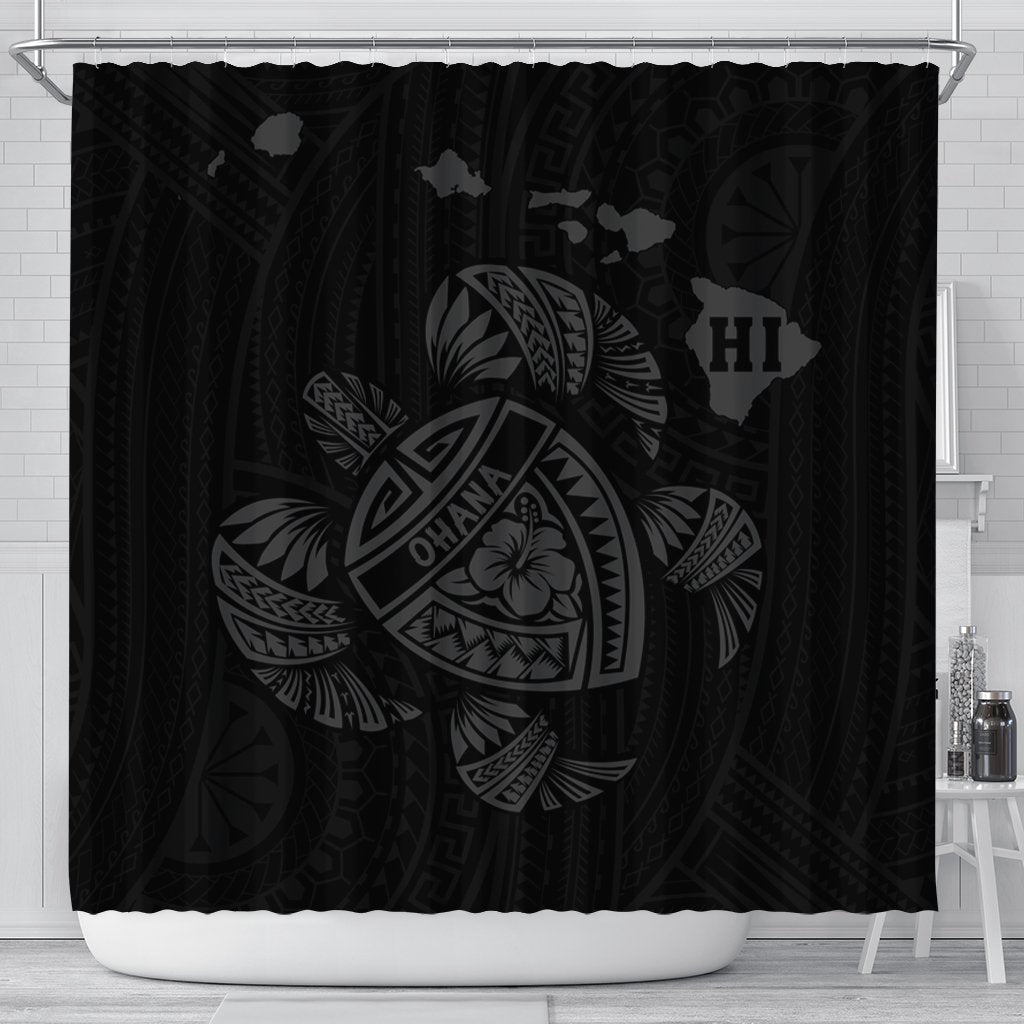 Hawaiian Map Turtle Ohana Hibicus Polynesian Shower Curtain - Gray - AH 177 x 172 (cm) Black - Polynesian Pride