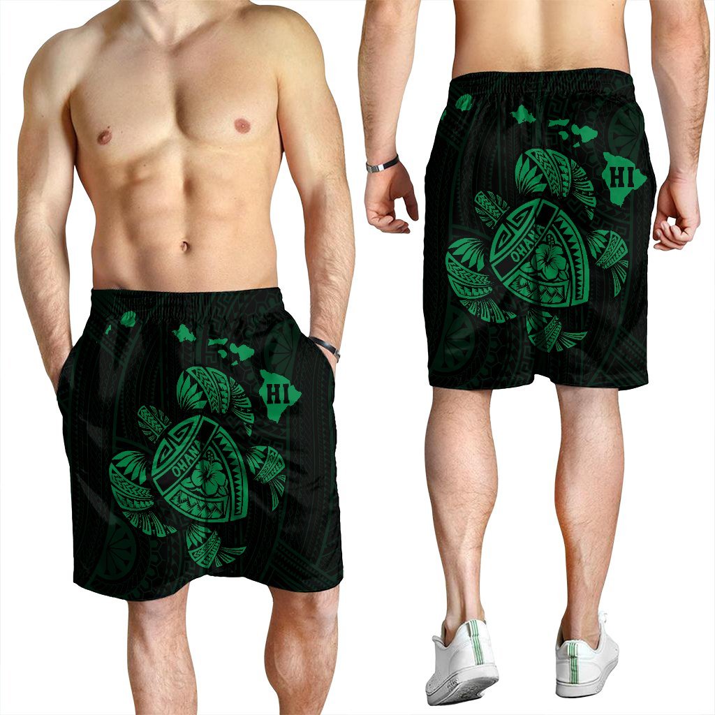 Hawaiian Map Turtle Ohana Hibicus Polynesian Men's Shorts - Green - AH - Polynesian Pride