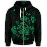 Hawaiian Map Turtle Ohana Hibicus Polynesian Zip Hoodie Green - Polynesian Pride