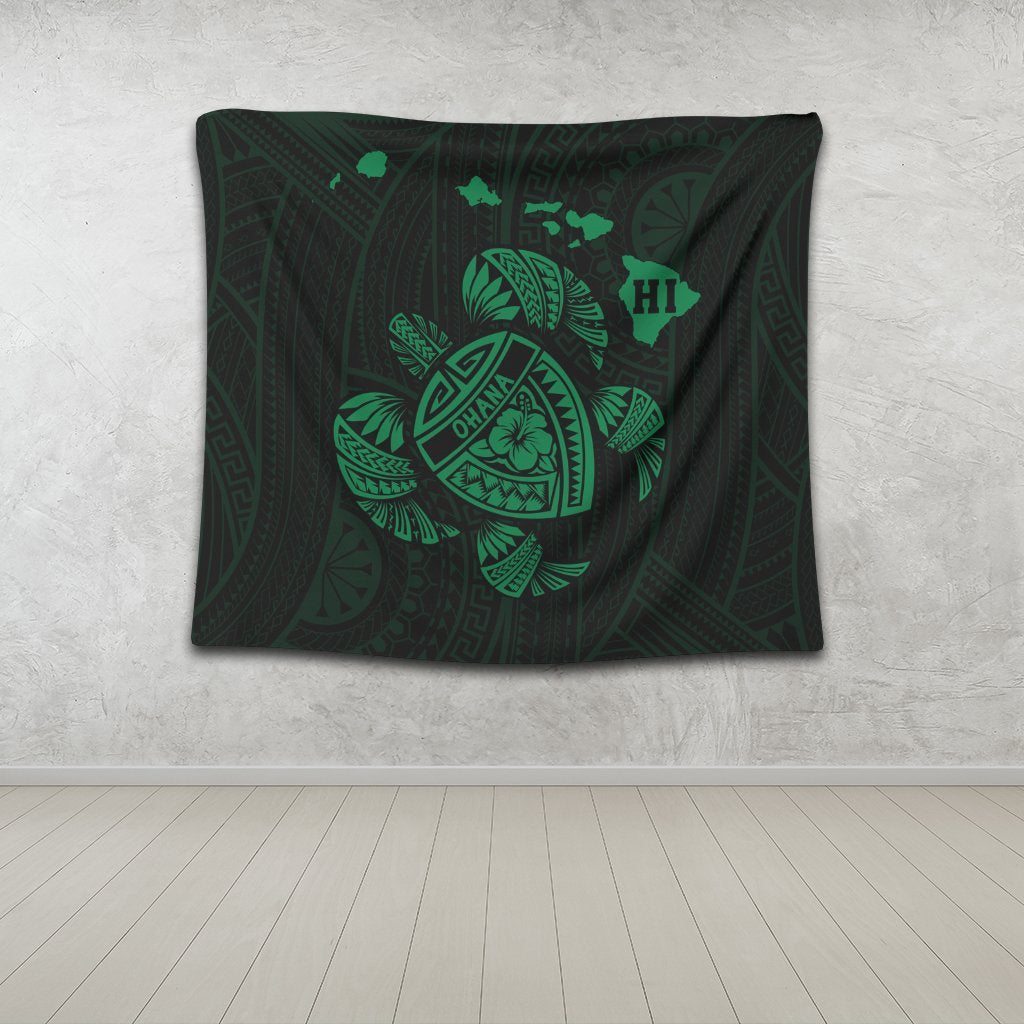 Hawaiian Map Turtle Ohana Hibicus Polynesian Tapestry - Green - AH - Polynesian Pride