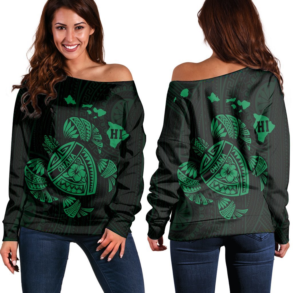 Hawaiian Map Turtle Ohana Hibicus Polynesian Women's Off Shoulder Sweater - Green - AH Black - Polynesian Pride