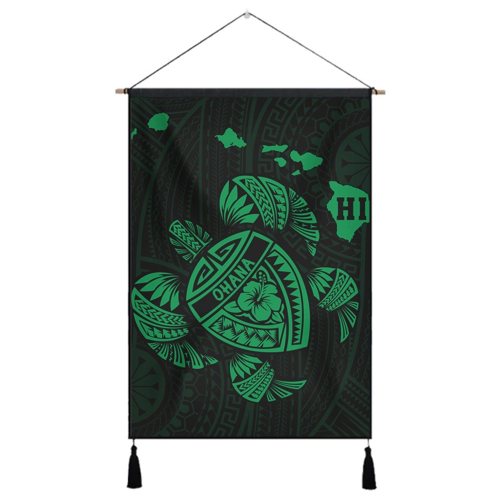 Hawaiian Map Turtle Ohana Hibicus Polynesian Hanging Poster - Green - AH Hanging Poster Cotton And Linen - Polynesian Pride