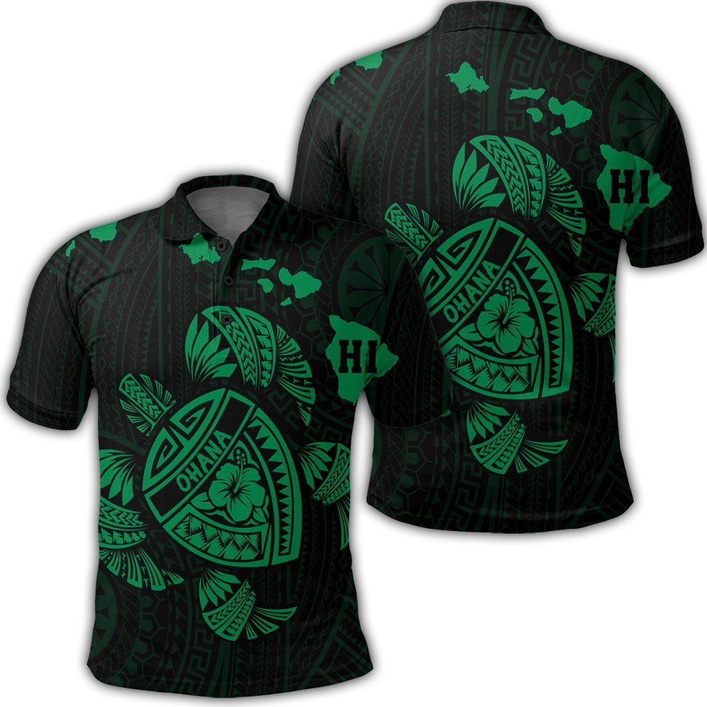 Hawaiian Map Turtle Ohana Hibicus Polynesian Polo Shirt Green Unisex Black - Polynesian Pride