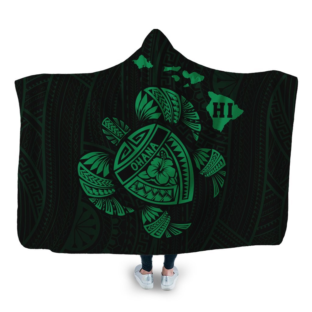 Hawaiian Map Turtle Ohana Hibicus Polynesian Hooded Blanket - Green - AH Hooded Blanket White - Polynesian Pride