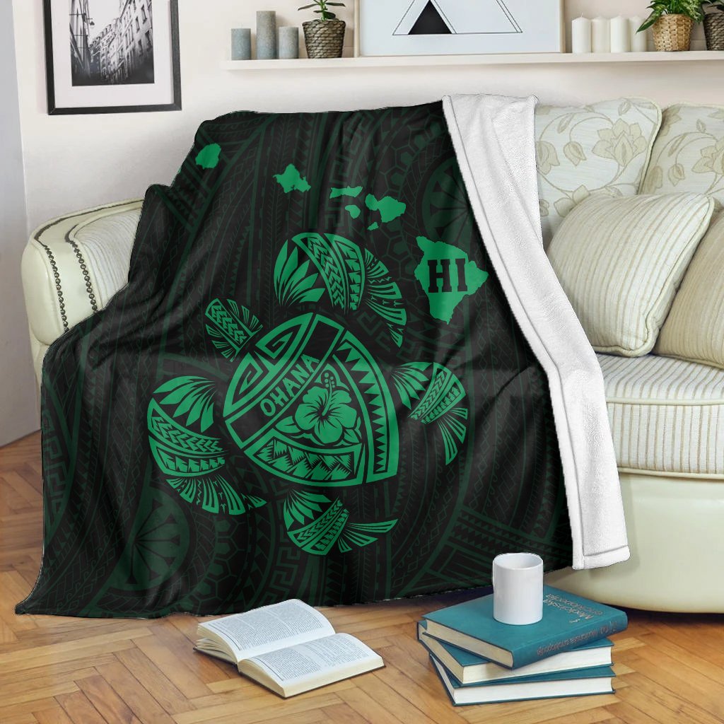 Hawaiian Map Turtle Ohana Hibicus Polynesian Premium Blankets - Green - AH White - Polynesian Pride