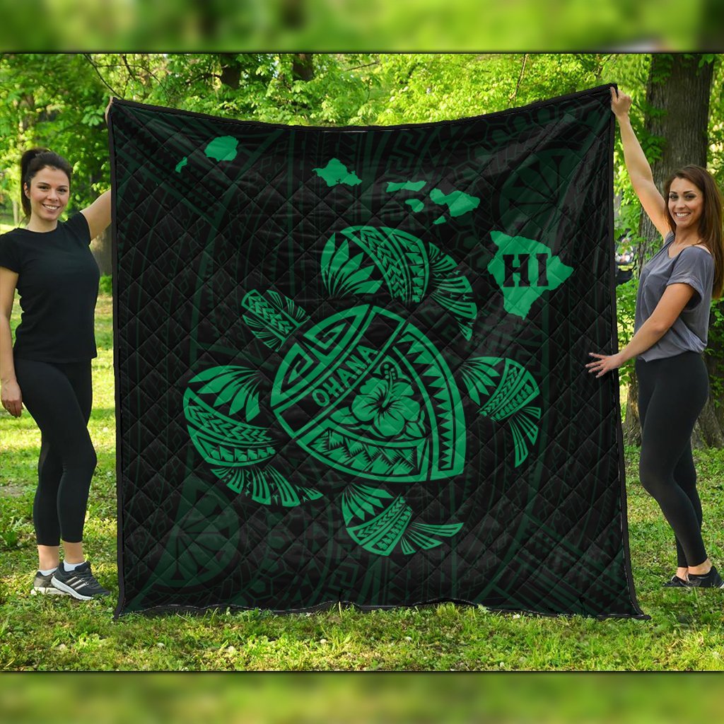 Hawaiian Map Turtle Ohana Hibicus Polynesian Premium Quilts - Green - AH Black - Polynesian Pride