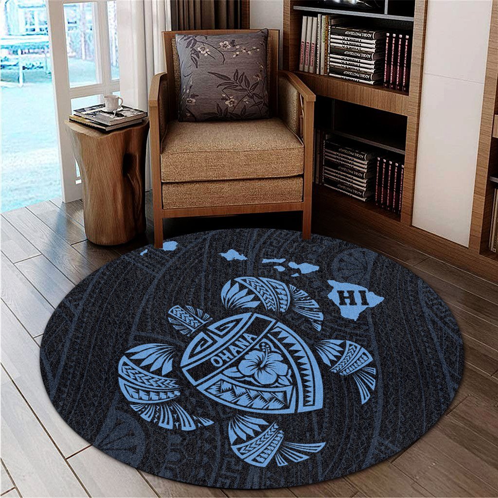 Hawaiian Map Turtle Ohana Hibicus Polynesian Round Carpet - Pastel Blue - AH - Polynesian Pride