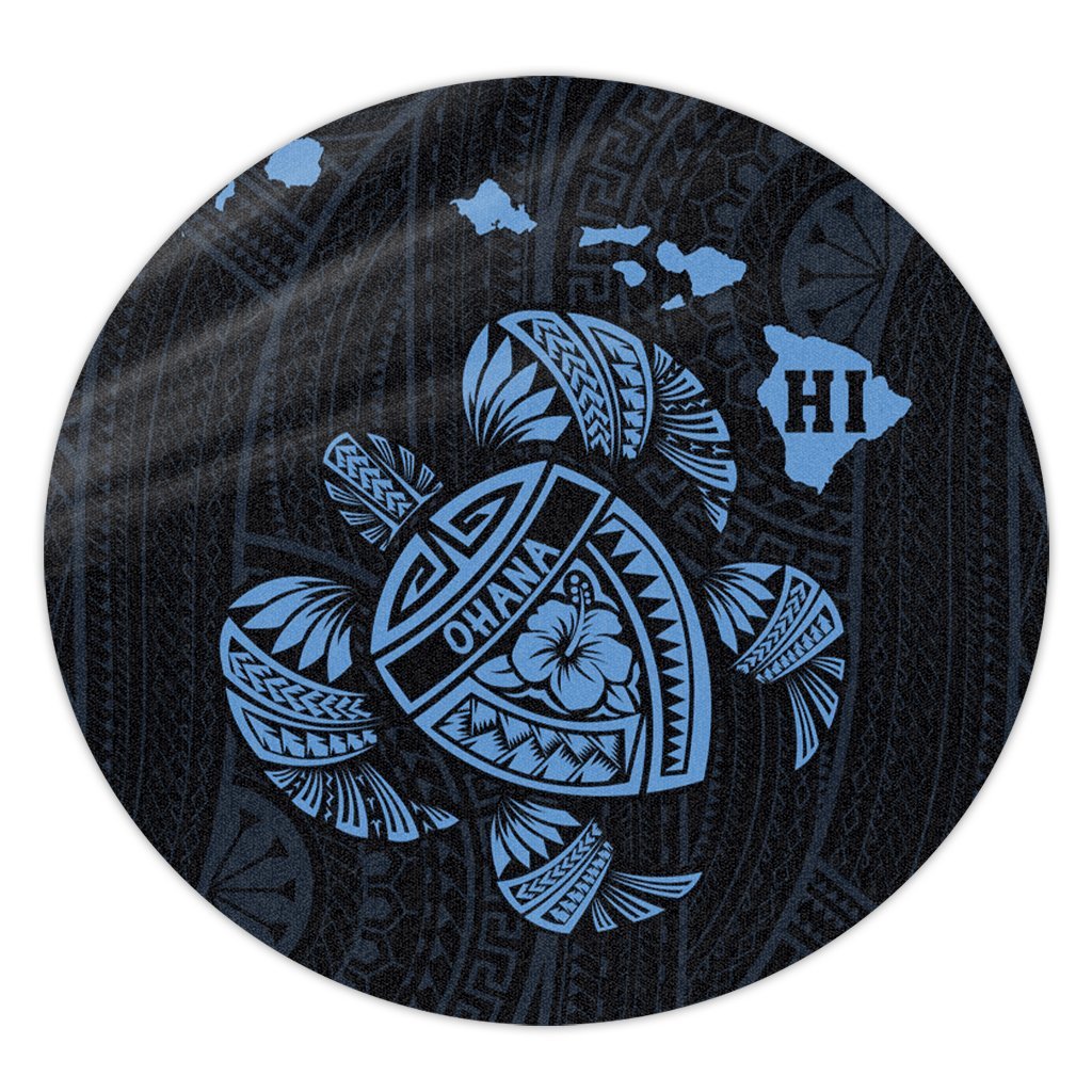 Hawaiian Map Turtle Ohana Hibicus Polynesian Round Carpet - Pastel Blue - AH Round Carpet Luxurious Plush - Polynesian Pride