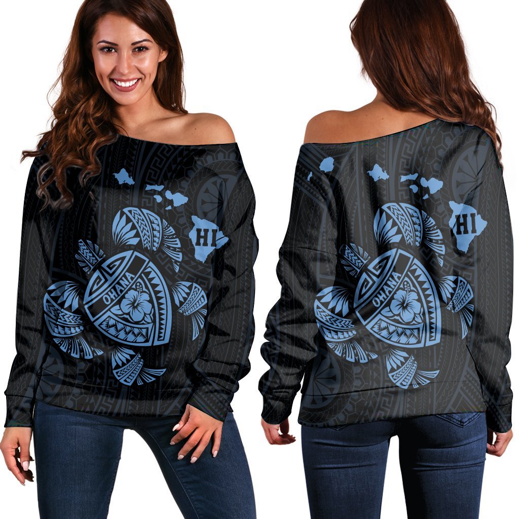 Hawaiian Map Turtle Ohana Hibicus Polynesian Women's Off Shoulder Sweater - Pastel Blue - AH Black - Polynesian Pride