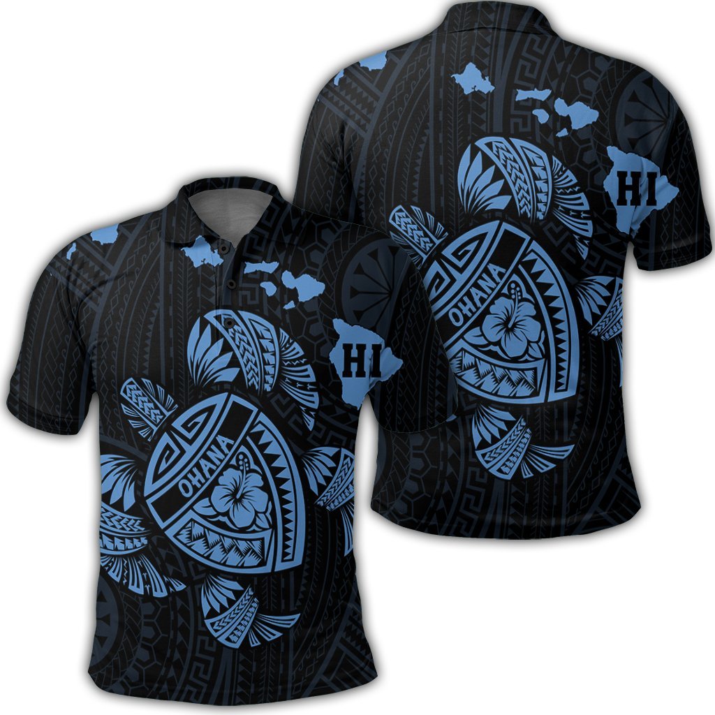 Hawaiian Map Turtle Ohana Hibicus Polynesian Polo Shirt Pastel Blue Unisex Black - Polynesian Pride