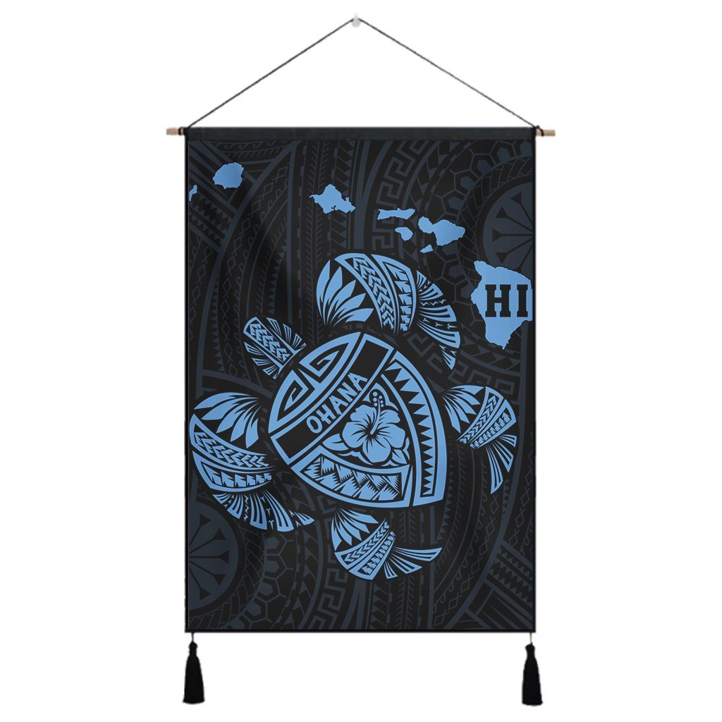 Hawaiian Map Turtle Ohana Hibicus Polynesian Hanging Poster - Pastel Blue - AH Hanging Poster Cotton And Linen - Polynesian Pride