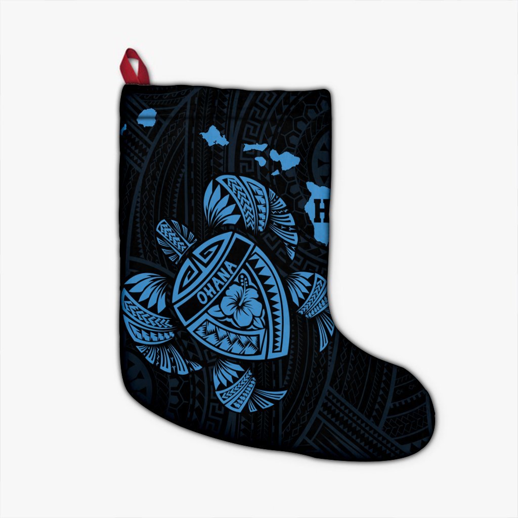 Hawaiian Map Turtle Ohana Hibicus Polynesian Christmas Stocking - Pastel Blue - AH Christmas Stocking 26 X 42 cm Black - Polynesian Pride