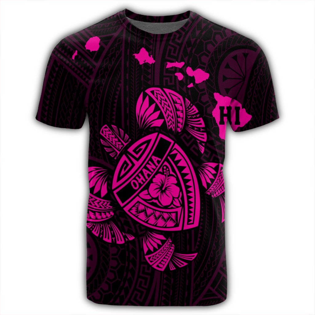 Hawaiian Map Turtle Ohana Hibicus Polynesian T Shirt Pink AH - Polynesian Pride