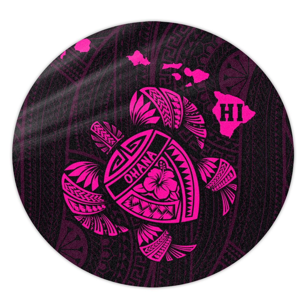 Hawaiian Map Turtle Ohana Hibicus Polynesian Round Carpet - Pink - AH Round Carpet Luxurious Plush - Polynesian Pride