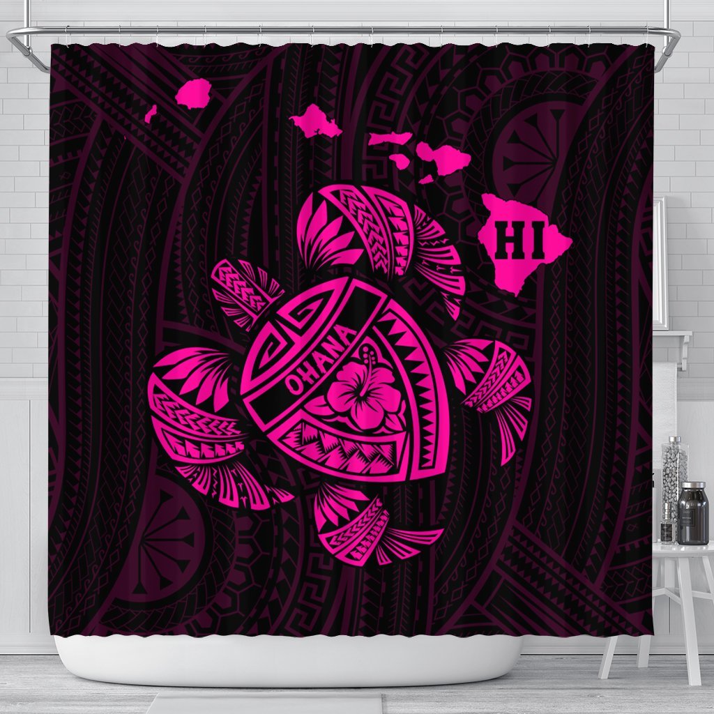 Hawaiian Map Turtle Ohana Hibicus Polynesian Shower Curtain - Pink - AH 177 x 172 (cm) Black - Polynesian Pride