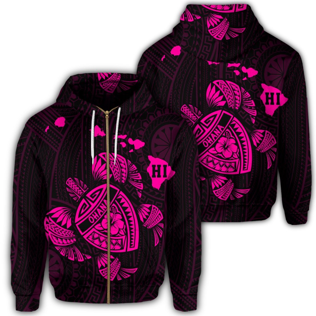 Hawaiian Map Turtle Ohana Hibicus Polynesian Zip Hoodie Pink Unisex Art - Polynesian Pride