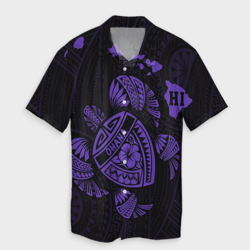 Hawaiian Map Turtle Ohana Hibicus Polynesian Hawaiian Shirt - Purple - AH Unisex Black - Polynesian Pride