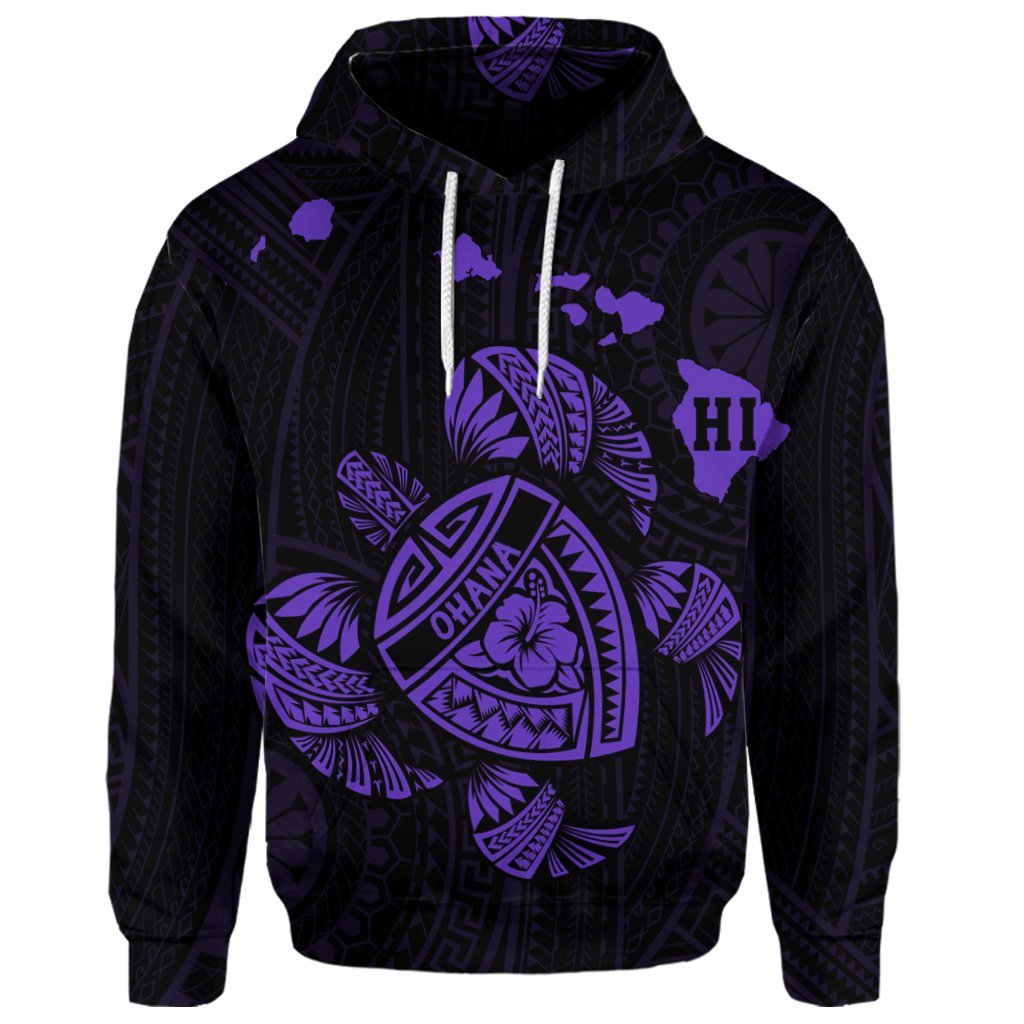 Custom Hawaiian Map Turtle Ohana Hibicus Polynesian Hoodie Purple - Polynesian Pride