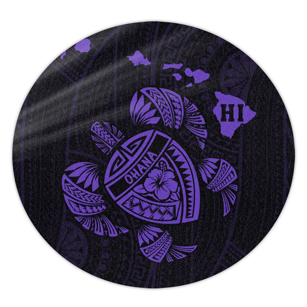 Hawaiian Map Turtle Ohana Hibicus Polynesian Round Carpet - Purple - AH Round Carpet Luxurious Plush - Polynesian Pride