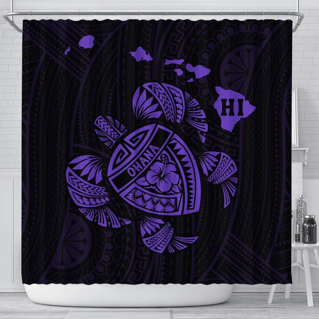 Hawaiian Map Turtle Ohana Hibicus Polynesian Shower Curtain - Purple - AH 177 x 172 (cm) Black - Polynesian Pride