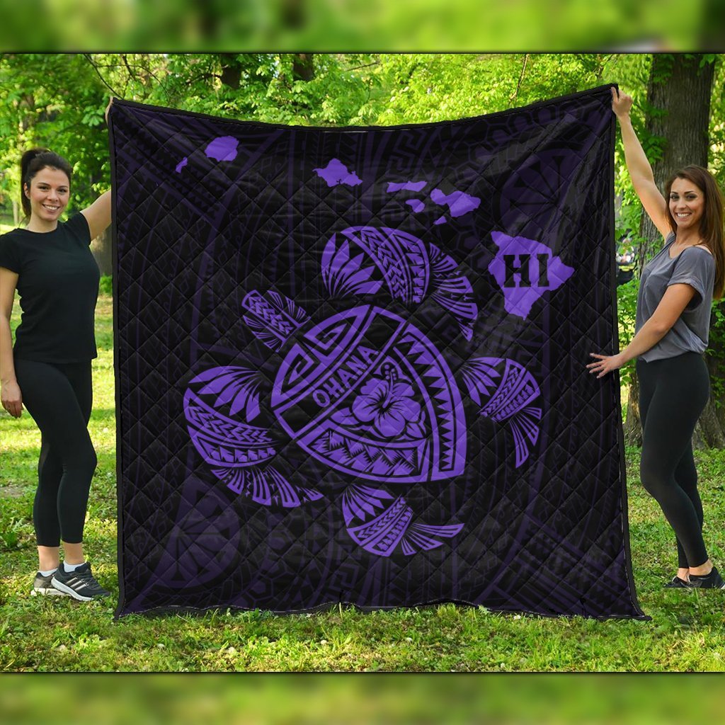 Hawaiian Map Turtle Ohana Hibicus Polynesian Premium Quilts - Purple - AH Black - Polynesian Pride