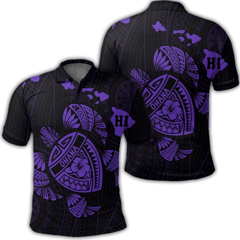 Hawaiian Map Turtle Ohana Hibicus Polynesian Polo Shirt Purple Unisex Black - Polynesian Pride