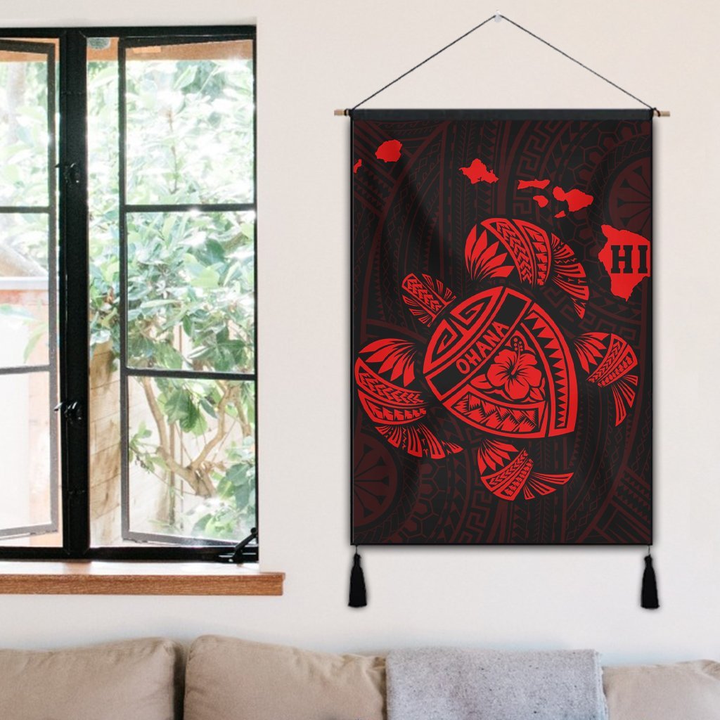 Hawaiian Map Turtle Ohana Hibicus Polynesian Hanging Poster - Red - AH - Polynesian Pride