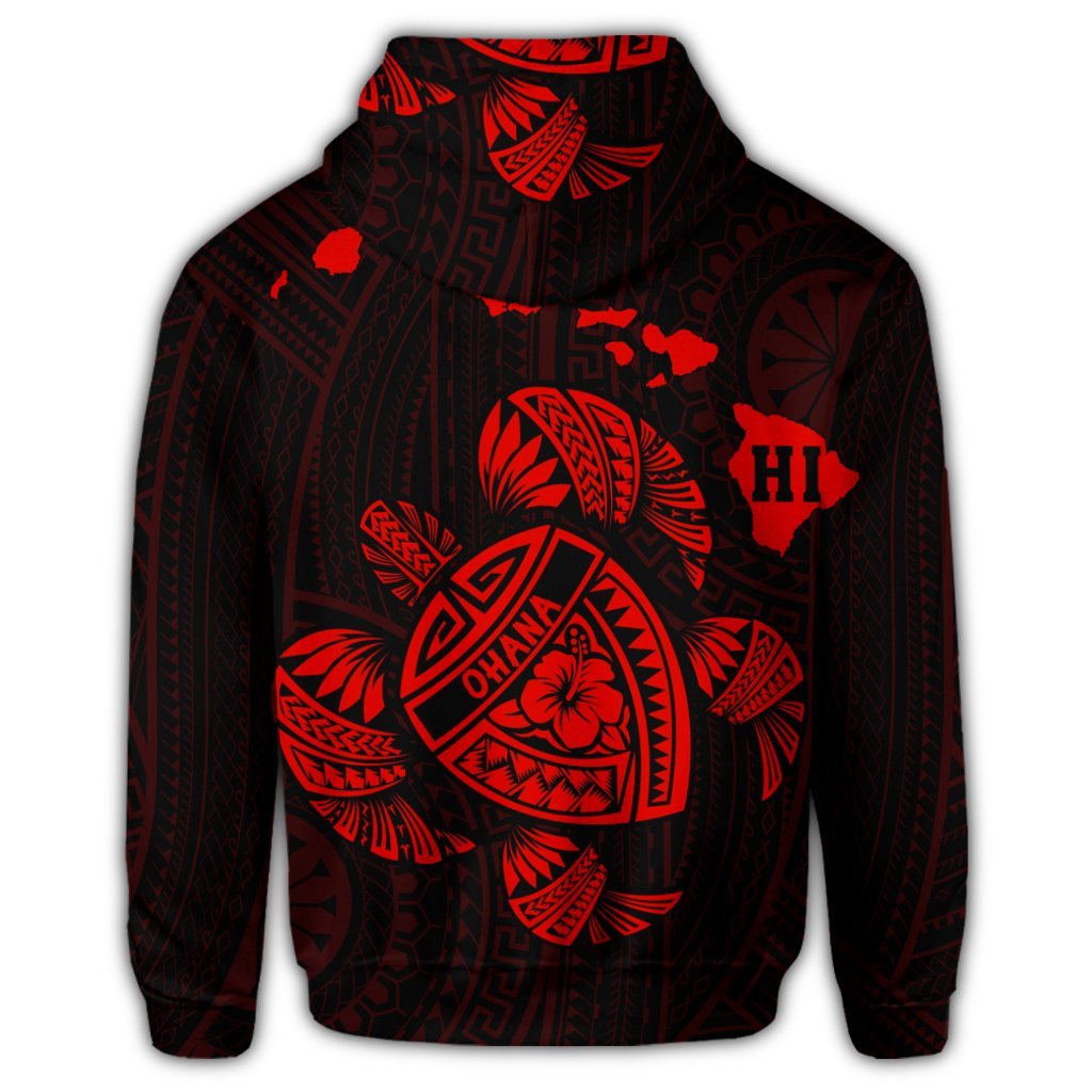 Hawaiian Map Turtle Ohana Hibicus Polynesian Zip Hoodie Red - Polynesian Pride