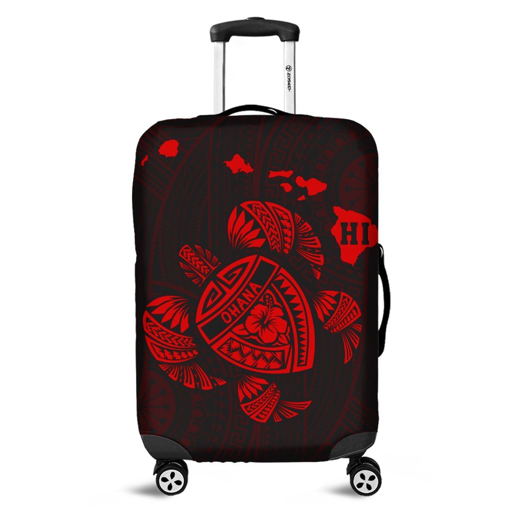 Hawaiian Map Turtle Ohana Hibicus Polynesian Luggage Covers - Red - AH Black - Polynesian Pride