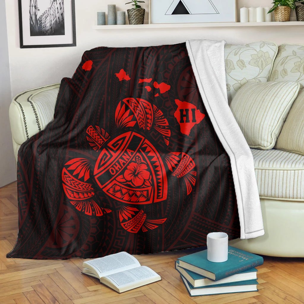 Hawaiian Map Turtle Ohana Hibicus Polynesian Premium Blankets - Red - AH White - Polynesian Pride