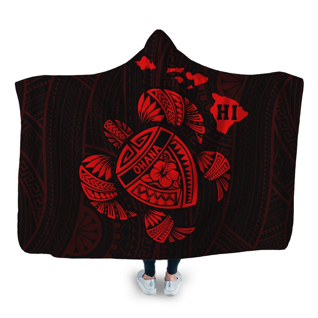 Hawaiian Map Turtle Ohana Hibicus Polynesian Hooded Blanket - Red - AH Hooded Blanket White - Polynesian Pride