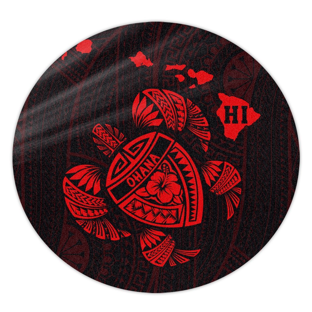 Hawaiian Map Turtle Ohana Hibicus Polynesian Round Carpet - Red - AH Round Carpet Luxurious Plush - Polynesian Pride