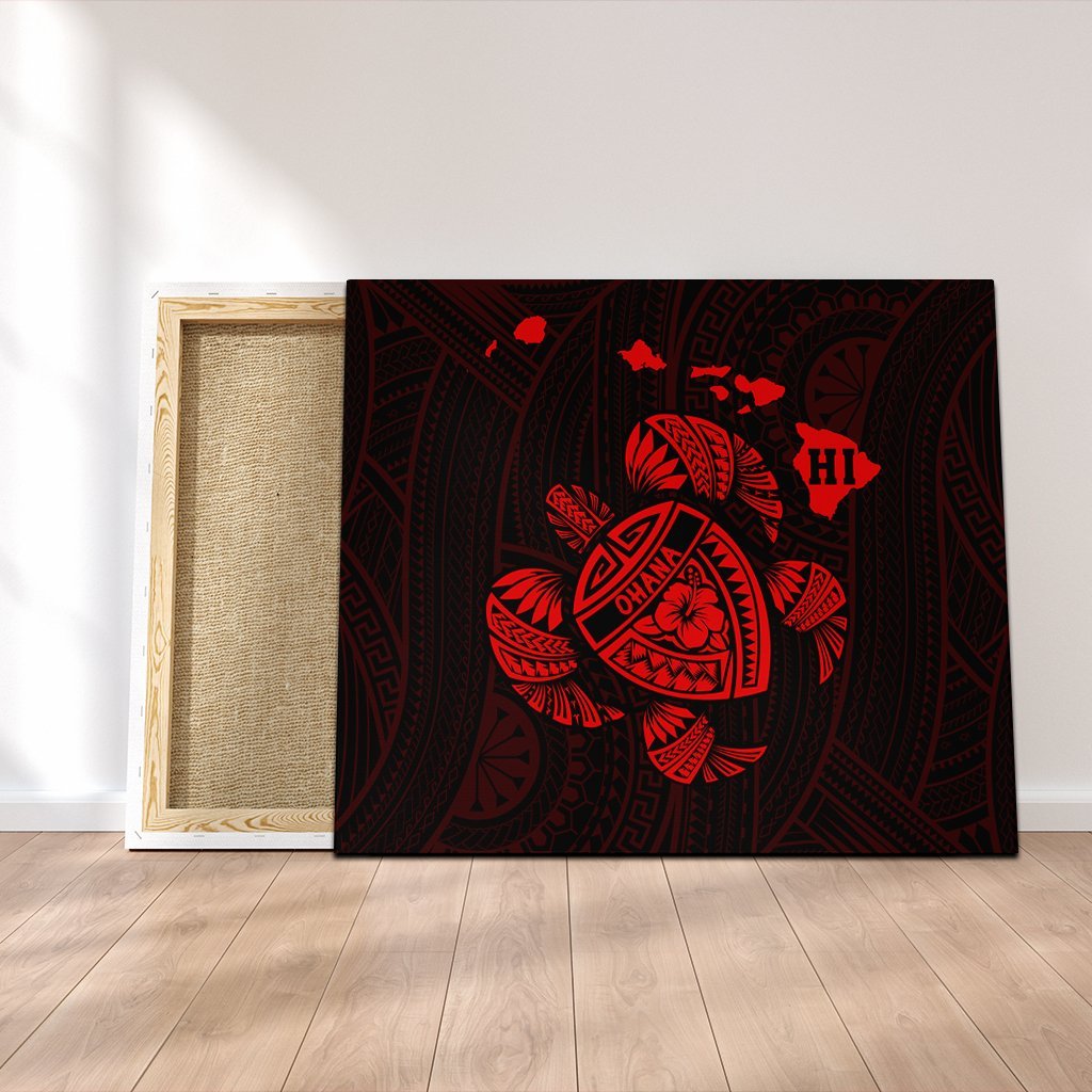 Hawaiian Map Turtle Ohana Hibicus Polynesian Canvas - Red - AH Canvas Poly-cotton - Polynesian Pride