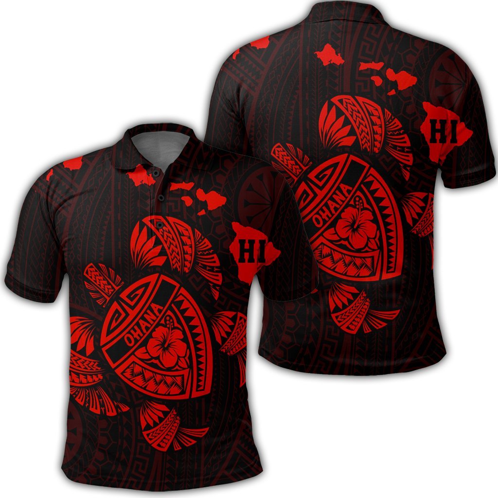 Hawaiian Map Turtle Ohana Hibicus Polynesian Polo Shirt Red Unisex Black - Polynesian Pride