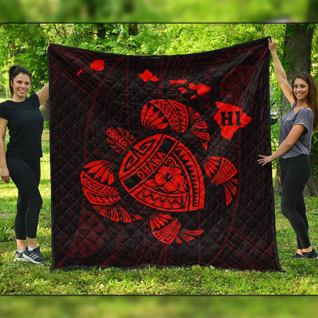 Hawaiian Map Turtle Ohana Hibicus Polynesian Premium Quilts - Red - AH Black - Polynesian Pride