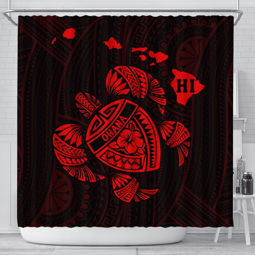 Hawaiian Map Turtle Ohana Hibicus Polynesian Shower Curtain - Red - AH 177 x 172 (cm) Black - Polynesian Pride