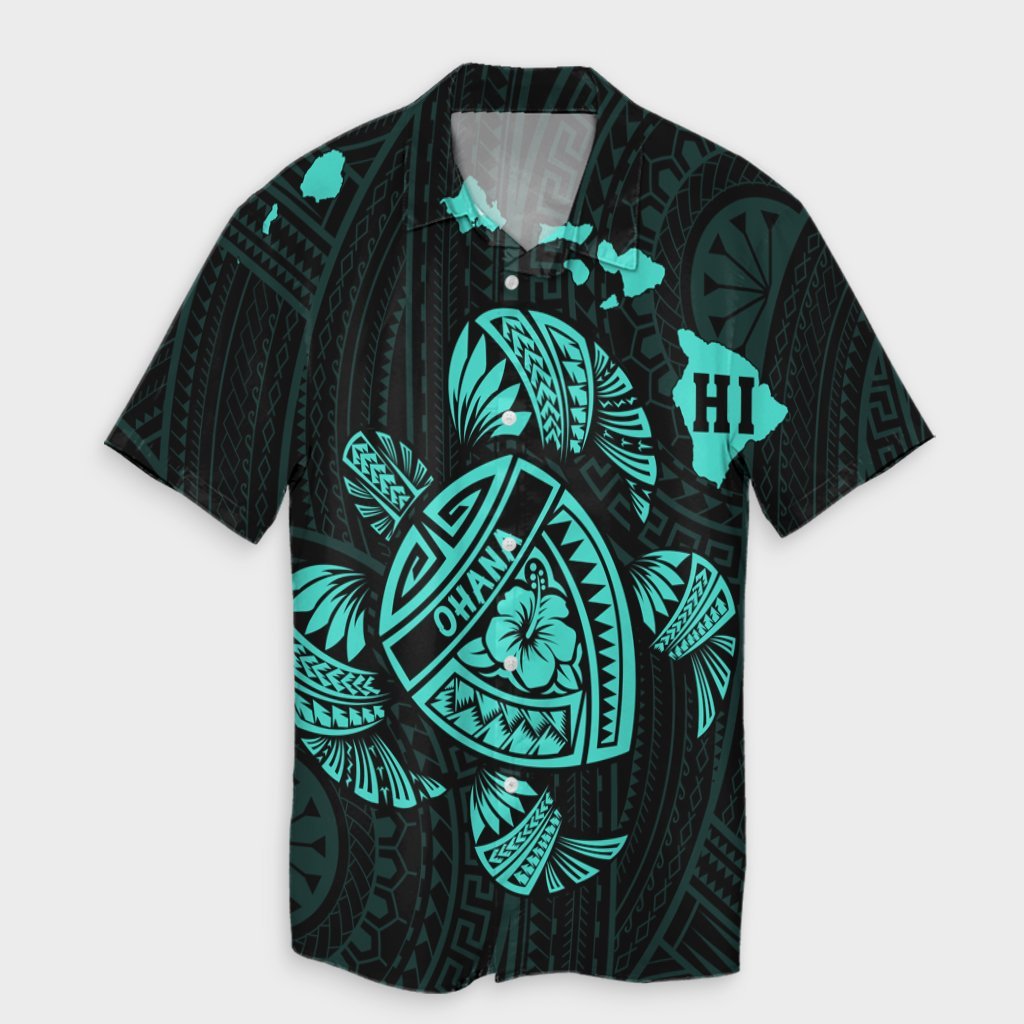 Hawaiian Map Turtle Ohana Hibicus Polynesian Hawaiian Shirt - Turquoise - AH Unisex Black - Polynesian Pride