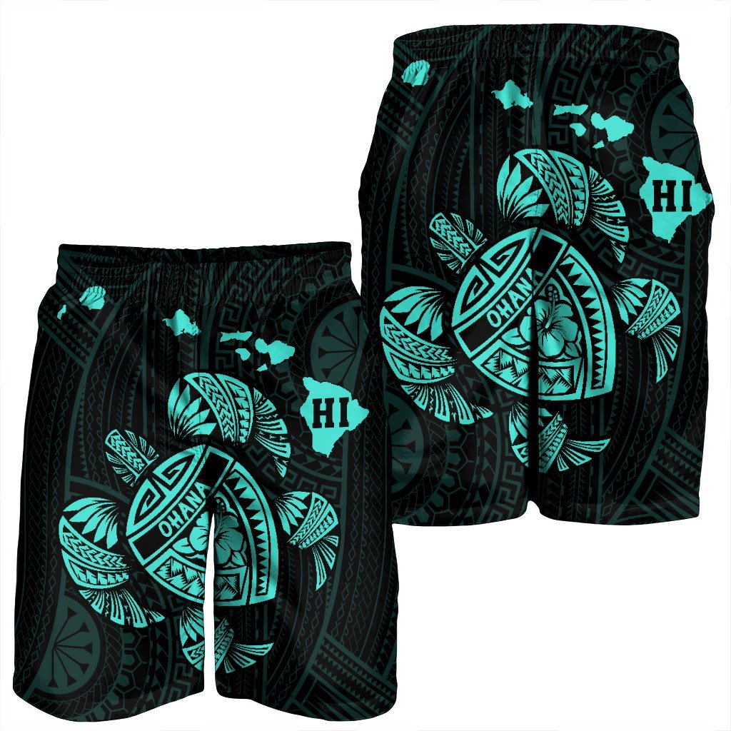 Hawaiian Map Turtle Ohana Hibicus Polynesian Men's Shorts - Turquoise - AH - Polynesian Pride