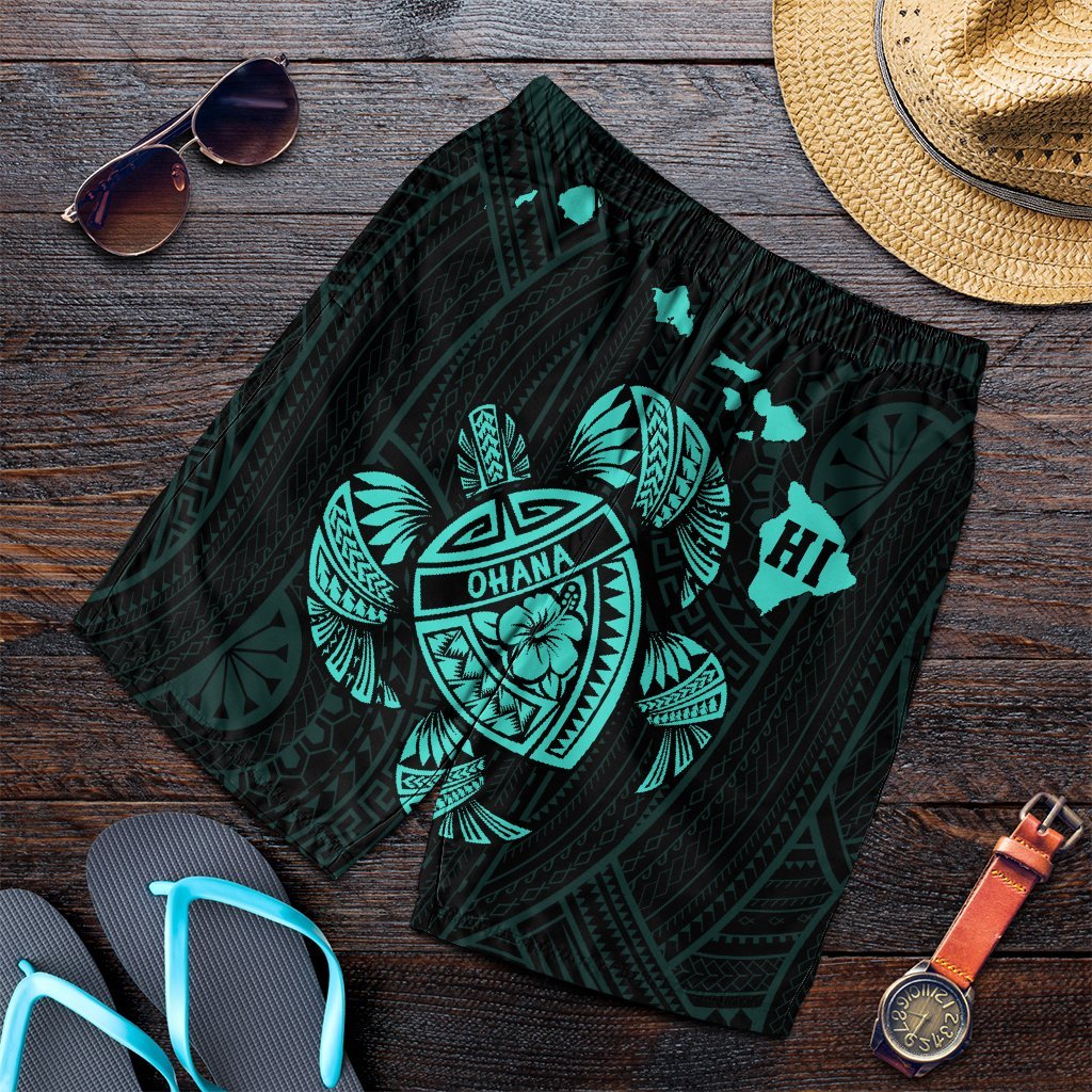 Hawaiian Map Turtle Ohana Hibicus Polynesian Men's Shorts - Turquoise - AH Art - Polynesian Pride