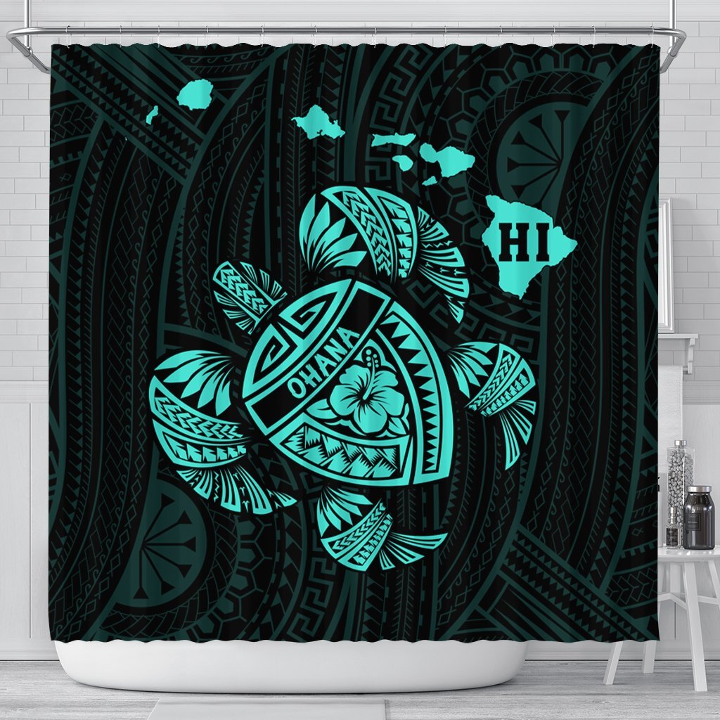 Hawaiian Map Turtle Ohana Hibicus Polynesian Shower Curtain - Turquoise - AH 177 x 172 (cm) Black - Polynesian Pride