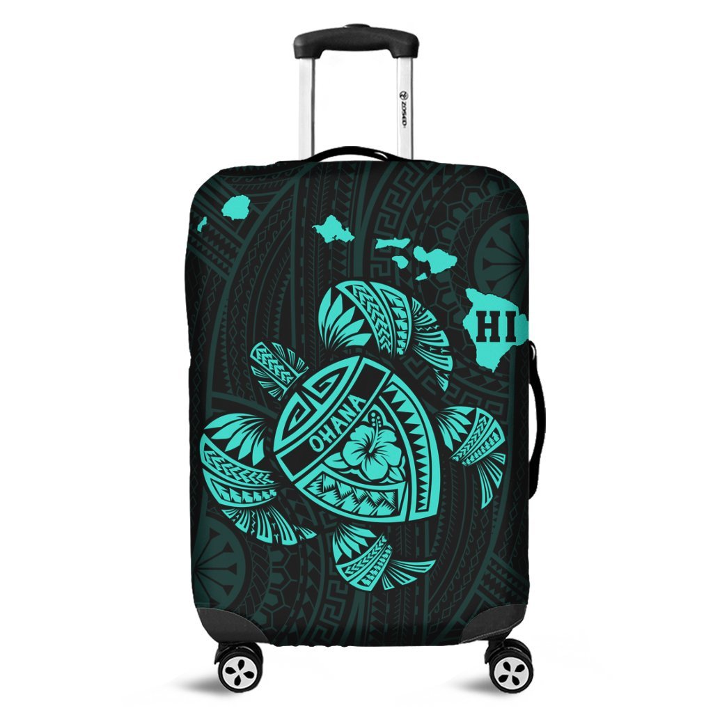 Hawaiian Map Turtle Ohana Hibicus Polynesian Luggage Covers - Turquoise - AH Black - Polynesian Pride