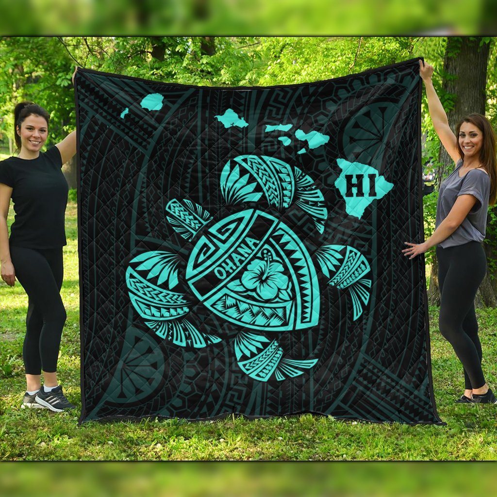 Hawaiian Map Turtle Ohana Hibicus Polynesian Premium Quilts - Turquoise - AH Black - Polynesian Pride