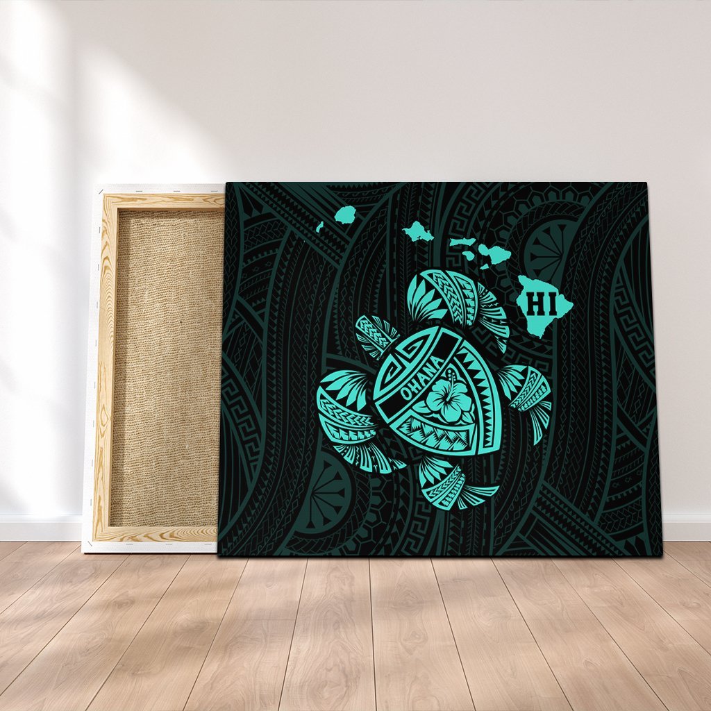 Hawaiian Map Turtle Ohana Hibicus Polynesian Canvas - Turquoise - AH Canvas Poly-cotton - Polynesian Pride