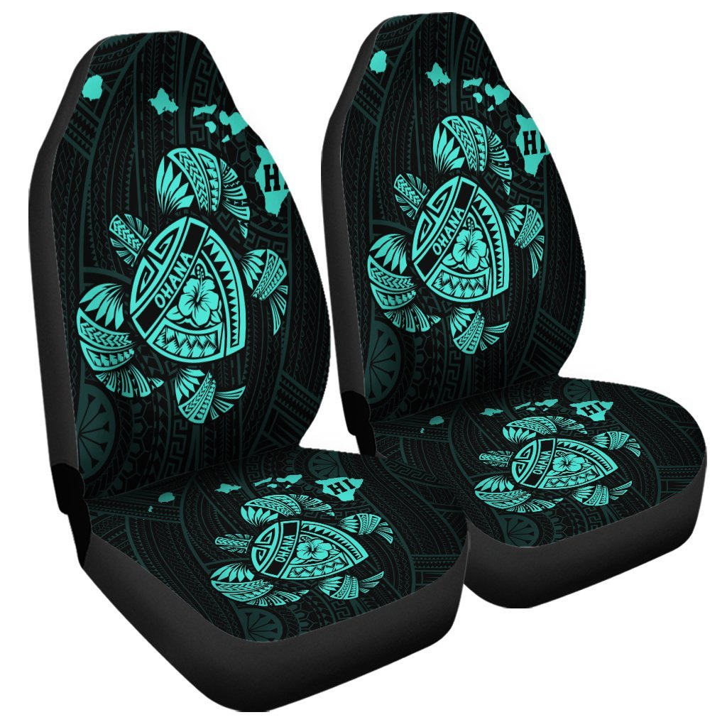 Hawaiian Map Turtle Ohana Hibicus Polynesian Car Seat Covers - Turquoise - AH Universal Fit Black - Polynesian Pride