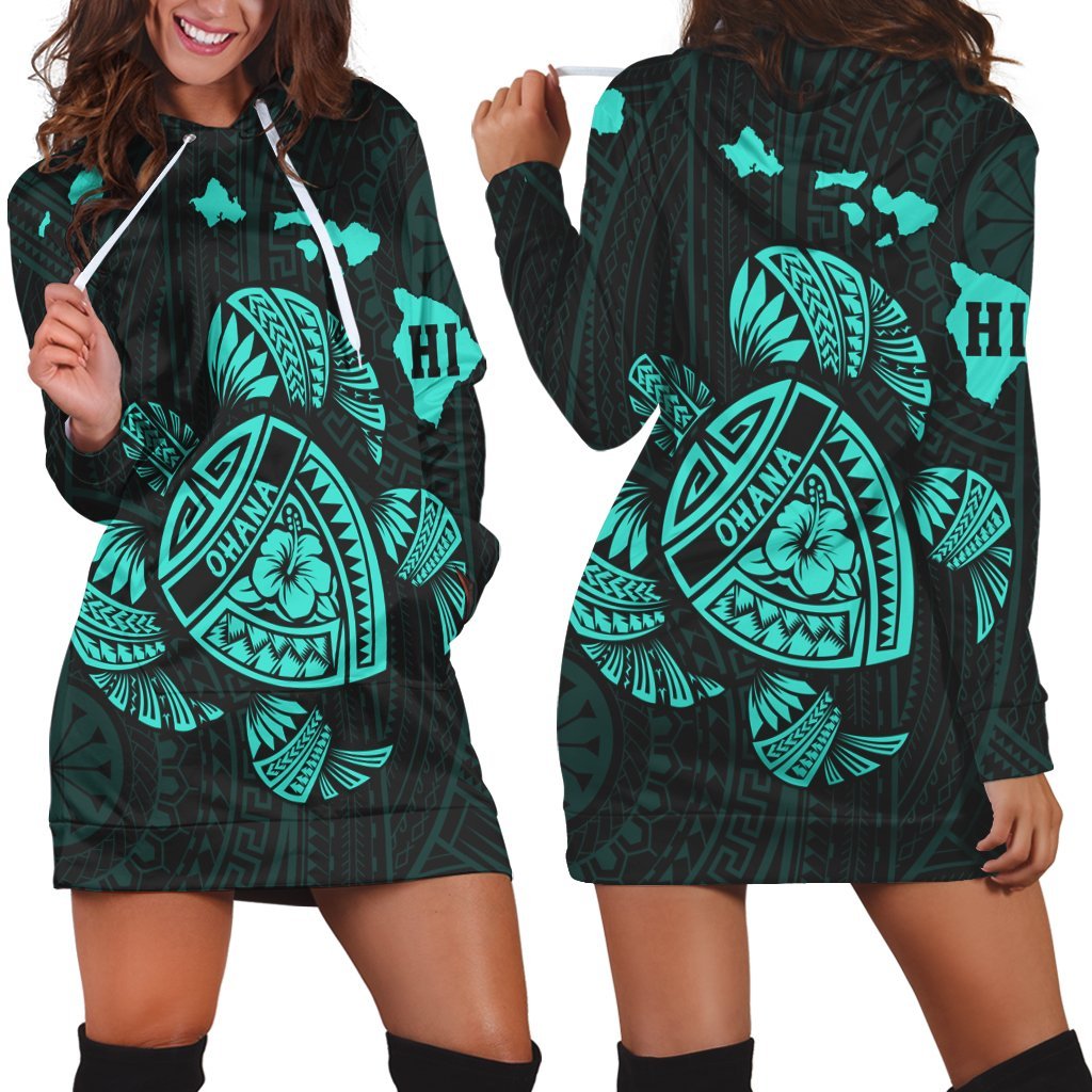 Hawaiian Map Turtle Ohana Hibicus Polynesian Hoodie Dress - Turquoise - AH Black - Polynesian Pride